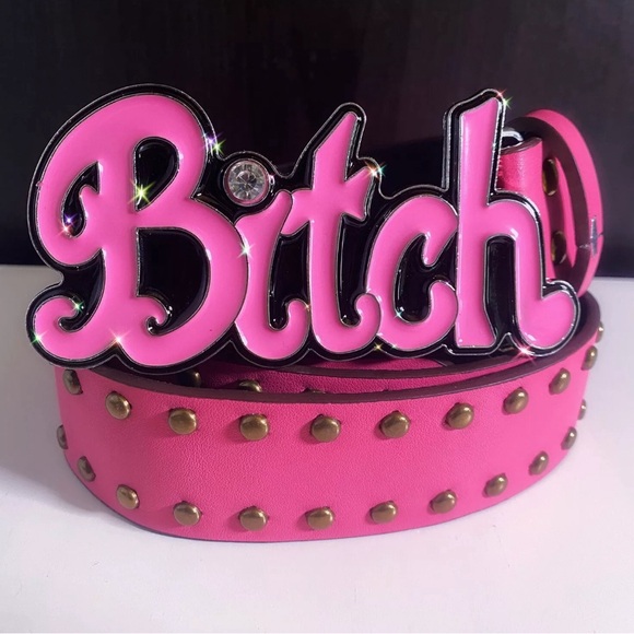 Retro BITCHbelt buckle Punk Y2K Pink Diamond Metal Letter Leather Belts - Picture 3 of 3